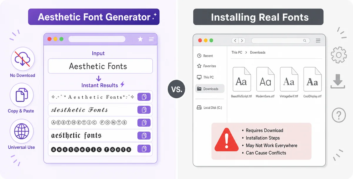 Comparison showing aesthetic font generators work without installation while real fonts require downloads and only work in specific apps