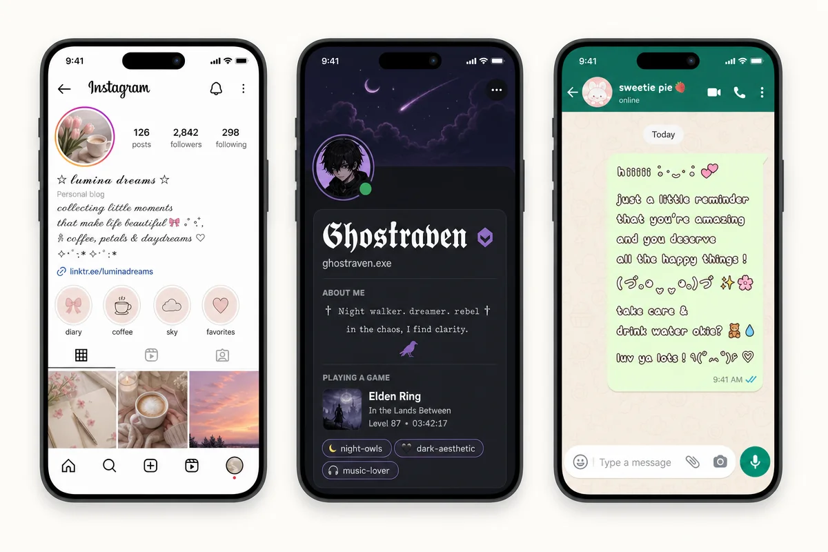 Examples of aesthetic fonts used in an Instagram bio, Discord username, and WhatsApp message